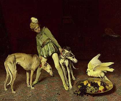 和狗在一起`Page with Dogs by Ferdinand Roybet