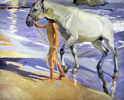 《洗马》，1909年`Washing The Horse, 1909 by Joaquin Sorolla