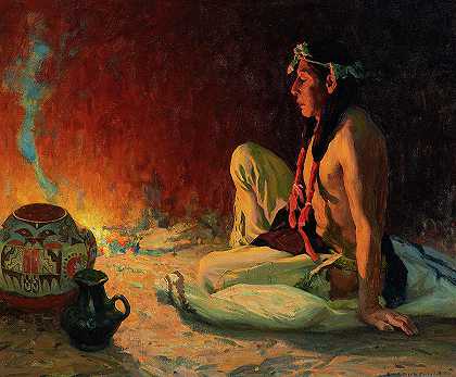 炉边冥想，1929年`Fireside Meditation, 1929 by Eanger Irving Couse
