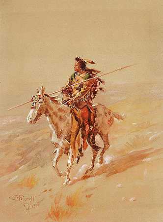 骑马的乌鸦首领，1905年`A Crow Chief on Horseback, 1905 by Charles Marion Russell