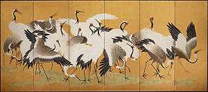 鹤群，18世纪`Flock of Cranes, 18th century by Ishida Yutei