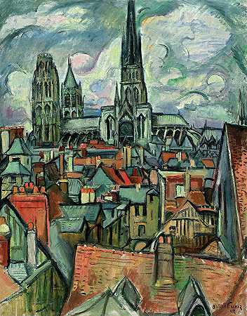 鲁昂的屋顶和大教堂，1908年`Roofs and Cathedral in Rouen, 1908 by Othon Friesz