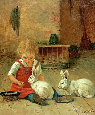 和两只兔子玩的女孩`Girl playing with two Rabbits by Theodore Kleehaas