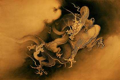 《云中的两条龙》，1885年`Two Dragons in Clouds, 1885 by Kano Hogai