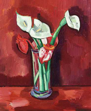 花瓶里的马蹄莲，1928年`Calla Lilies in a Vase, 1928 by Marsden Hartley