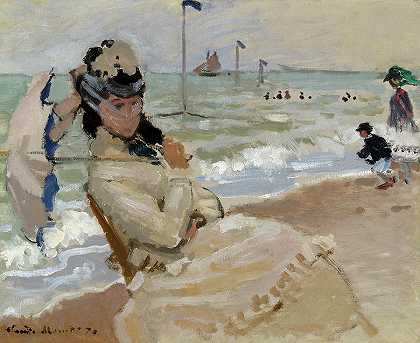 特鲁维尔海滩上的卡米尔，1870年绘制`Camille on the Beach in Trouville, Painted in 1870 by Claude Monet