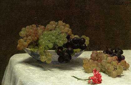 《葡萄与康乃馨的静物》，1880年`Still Life with Grapes and a Carnation, 1880 by Henri Fantin-Latour