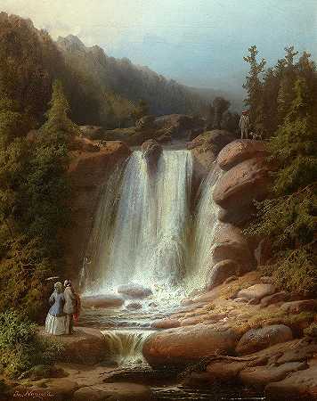 1853年大山中的穆姆拉瓦河瀑布`Waterfall of the Mumlava River in the Giant Mountains, 1853 by Josef Navratil