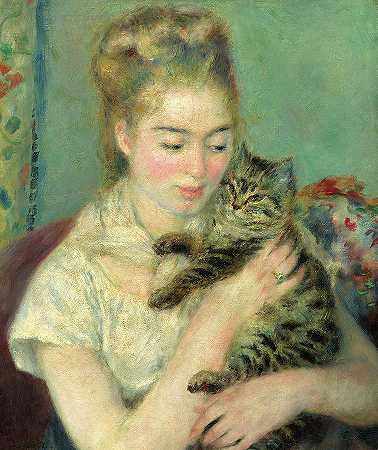 1875年绘制的《带猫的女人》`Woman with a Cat, Painted in 1875 by Auguste Renoir