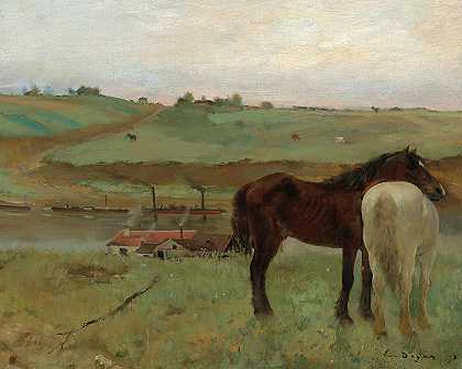 牧场上的马，1871年`Horses in a Meadow, 1871 by Edgar Degas
