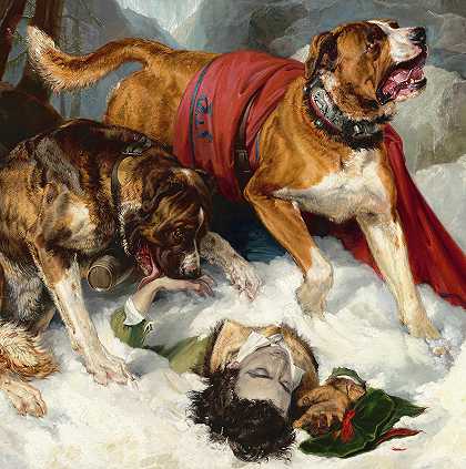 1820年，阿尔卑斯山獒拯救了一个痛苦的旅行者`Alpine Mastiffs Reanimating a Distressed Traveler, 1820 by Sir Edwin Landseer