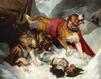 阿尔卑斯山獒让一个痛苦的旅行者复活`Alpine Mastiffs Reanimating a Distressed Traveler by Sir Edwin Landseer