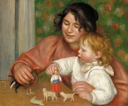 儿童玩具，加布里埃和艺术家的儿子，姬恩，1896`Child with Toys, Gabrielle and the Artist\’s Son, Jean, 1896 by Auguste Renoir