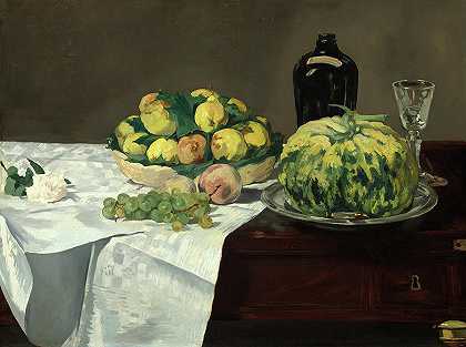 《甜瓜和桃子的静物》，1866年`Still Life with Melon and Peaches, 1866 by Edouard Manet