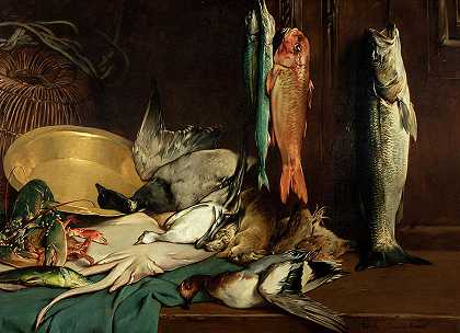 罗斯科夫的纪念品，鱼的静物画，1873年`Souvenirs of Roscoff, Still-Life with Fish, 1873 by Jaroslav Cermak