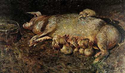 1890年与小猪一起播种`Sow with piglets, 1890 by Antonino Leto