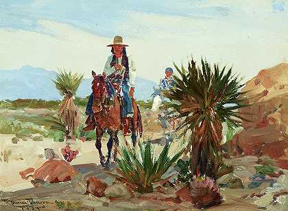 一条小路上有两名骑手的风景`A Landscape with two Riders on a Trail by Frank Tenney Johnson