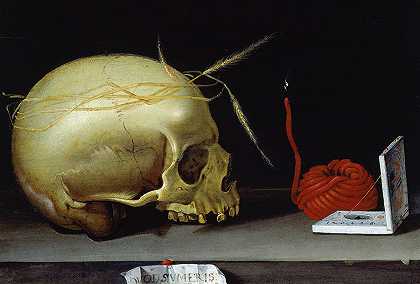 瓦尼塔斯带头骨、蜡锥和便携式日晷的静物画，1620年`Vanitas Still Life with Skull, Wax Taper and Portable Sundial, 1620 by German Master