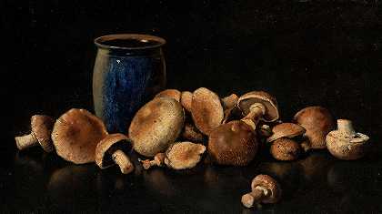 《蓝色花瓶和蘑菇的静物画》，1891年`Still Life with Blue Vase and Mushrooms, 1891 by Otto Scholderer