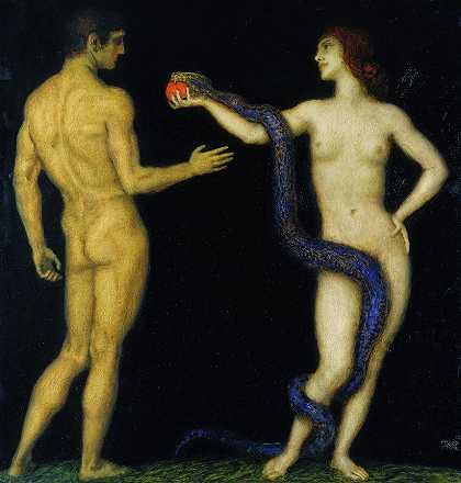《亚当与夏娃》，1920年绘制`Adam and Eve, Painted in 1920 by Franz von Stuck