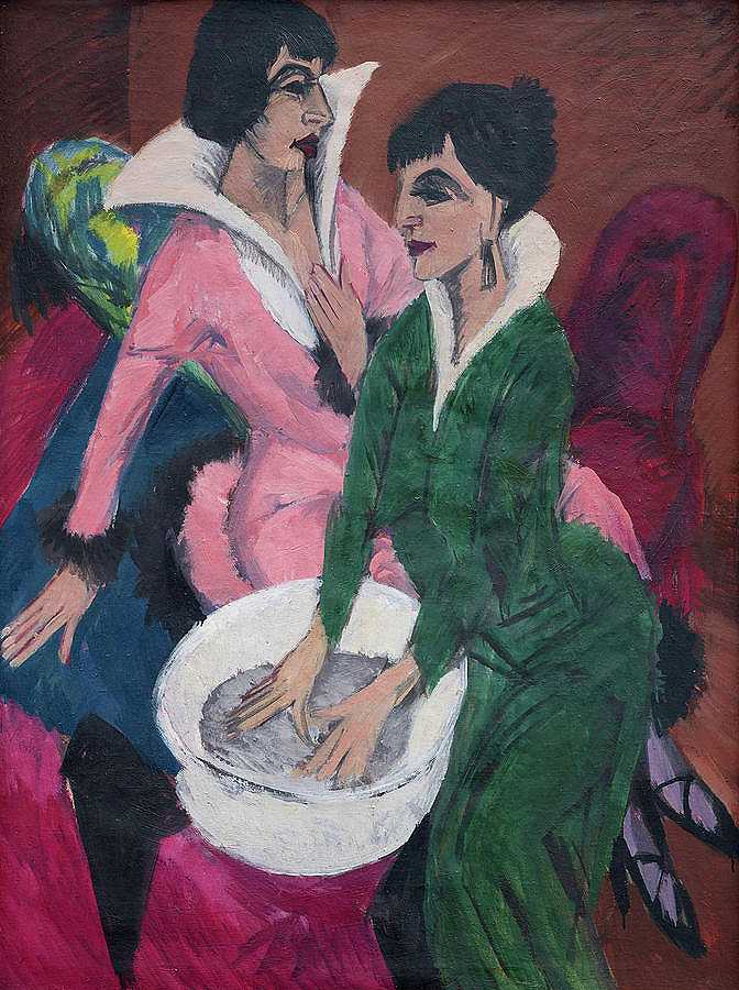 水槽边的两个女人，姐妹们，1913年`Two Women by a Sink, The Sisters, 1913 by Ernst Ludwig Kirchner