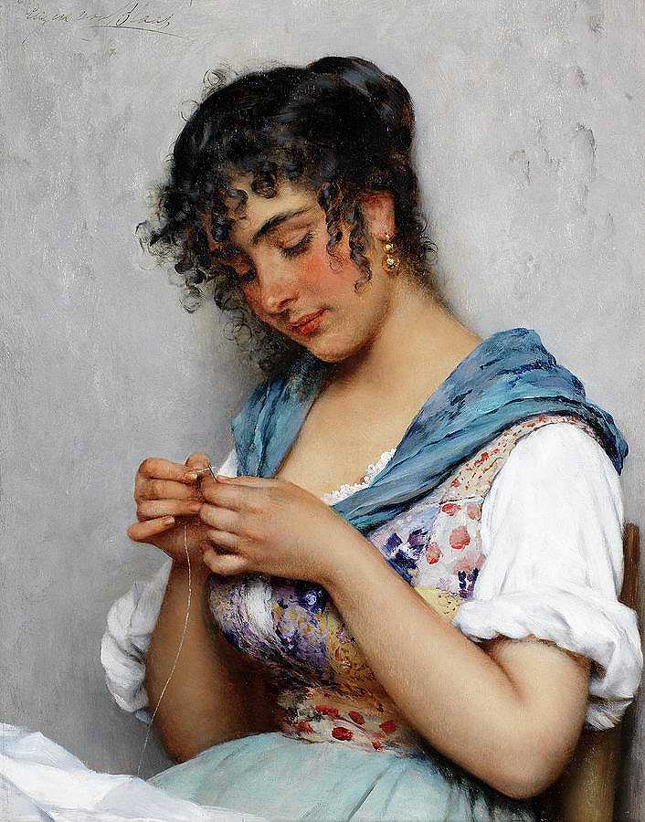 意大利女裁缝`The Italian Seamstress by Eugen von Blaas