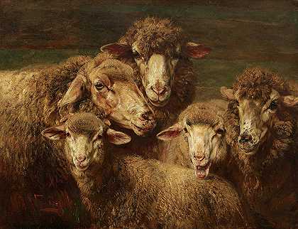 四只羊和一只羔羊`Four Sheep and a Lamb by Heinrich von Zugel