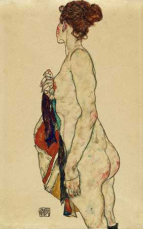 穿着有图案的长袍裸体站立`Standing Nude with a Patterned Robe by Egon Schiele