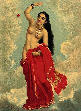 半裸的提洛塔马在天空中玩着红球`Half-Clothed Tilottama flying in the sky playing with a red ball by Ravi Varma