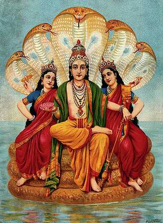 毗湿奴身边有两个妻子，她们在水上的蛇舍萨上休息`Vishnu flanked by two wives resting on Shesa, the serpent on the waters by Ravi Varma