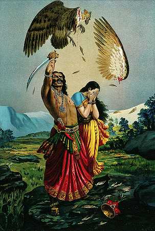 拉瓦纳正在屠杀秃鹫贾塔尤，而被绑架的西塔则惊恐地看着别处`Ravana slaughtering Jatayu the vulture, while an abducted Sita looks away in Horror by Ravi Varma