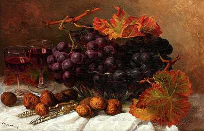 一碗葡萄、胡桃和葡萄酒放在一张锦缎覆盖的桌子上`A Bowl of Grapes, Walnuts and Wine on a Damask Covered table by Eloise Harriet Stannard