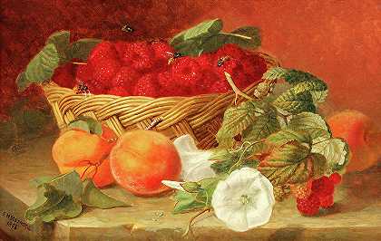 一篮覆盆子、桃子和花放在石头架上`A Basket of Raspberries, Peaches and Flowers on a Stone Ledge by Eloise Harriet Stannard