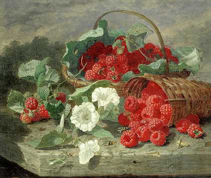 树莓、卷心菜和卷心菜的静物`Still life of Raspberries, Cabbage Leaves and Convolvulus by Eloise Harriet Stannard