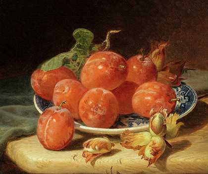 桃子和坚果的静物画`Still life of Peaches and Cobnuts by Eloise Harriet Stannard