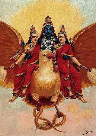 毗湿奴和他的妻子们一起骑着载着眼镜蛇的嘎鲁达`Vishnu accompanied by his wives riding on Garuda who carries a Cobra by Ravi Varma