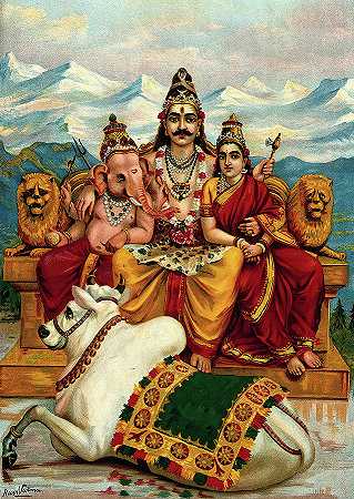 湿婆、帕瓦蒂和加内沙与公牛南迪一起登上凯拉斯山`Shiva, Parvati and Ganesha enthroned on Mount Kailas with Nandi the bull by Ravi Varma