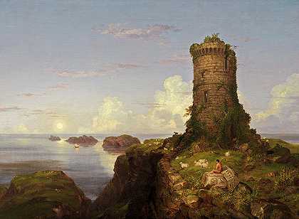 1838年绘制的意大利海岸风景画，塔楼被毁坏`Italian Coast Scene with Ruined Tower, Painted in 1838 by Thomas Cole