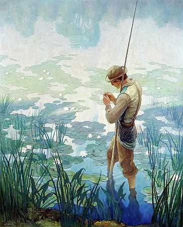 梭罗在瓦尔登湖钓鱼，1936年`Thoreau Fishing at Walden Pond, 1936 by Newell Convers Wyeth