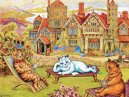 猫咪们在那斯伯里的院子里休息`Cats relaxing in the grounds at Napsbury by Louis Wain