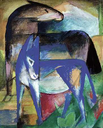 两只蓝色的驴子，1912年`Two Blue Donkeys, 1912 by Franz Marc