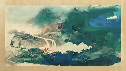 雨后水天一色`Water And Sky Gazing After Rain In Splashed Color by Zhang Daqian