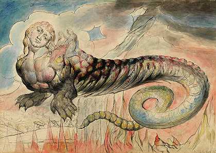杰里恩把但丁和维吉尔带到了马莱博格`Geryon conveying Dante and Virgil down towards Malebolge by William Blake
