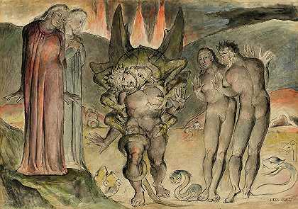 攻击阿格内洛·布鲁内莱斯基的六足蛇`The Six-Footed Serpent attacking Agnello Brunelleschi by William Blake