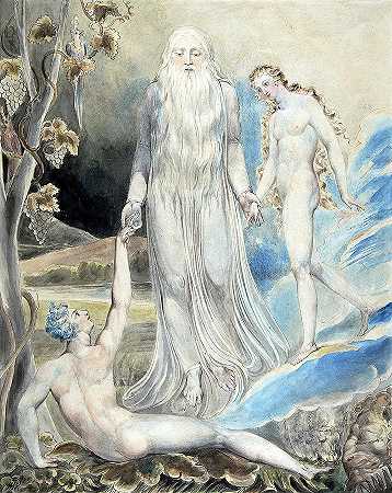 夏娃的创造，神性存在的天使把夏娃带到亚当身边，1803年`The Creation of Eve, Angel of the Divine Presence Bringing Eve to Adam, 1803 by William Blake
