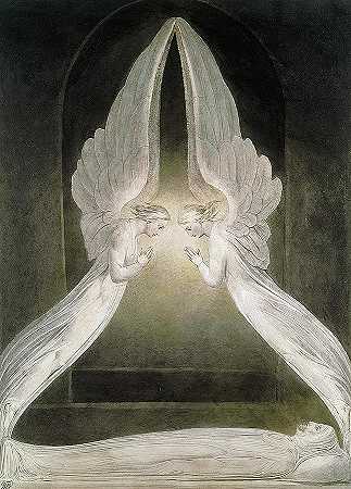 1805年，在坟墓里基督的尸体上方盘旋的天使`The Angels hovering over the Body of Christ in the Sepulchre, 1805 by William Blake