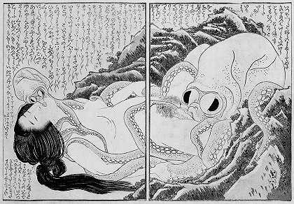 女潜水员和章鱼`Girl Diver and Octopuses by Katsushika Hokusai