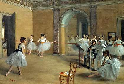 1872年，佩尔蒂埃街歌剧院的舞厅`The Dance Foyer at the Opera on the rue Le Peletier, 1872 by Edgar Degas