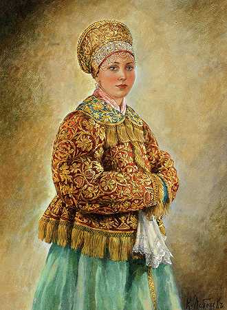 穿着传统服装的年轻女性`Young Women in Traditional Dress by Klavdiy Vasilievich Lebedev