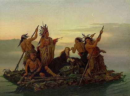 1856年印第安人绑架布恩的女儿`The Abduction of Boone\’s Daughter by the Indians, 1856 by Charles Wimar